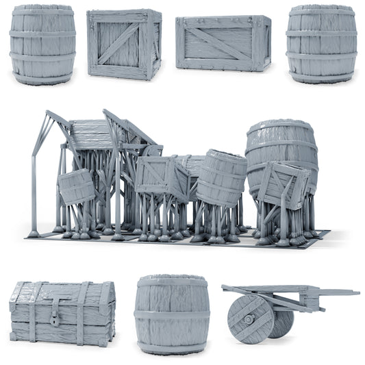 Dioramabouw productfoto 0: Diorama-miniaturen set: vaten, kratten, kist en handkar (h0_50)