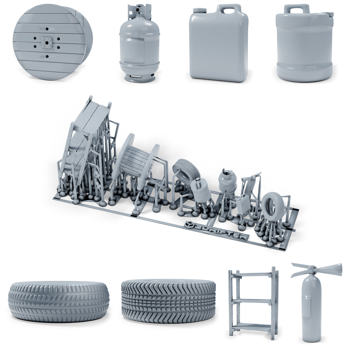 Diorama Modellbau Produktfoto 0: Diorama Miniatur Werkstatt: Regal, Reifen, Kabeltrommel und Zubehör (h0_43)