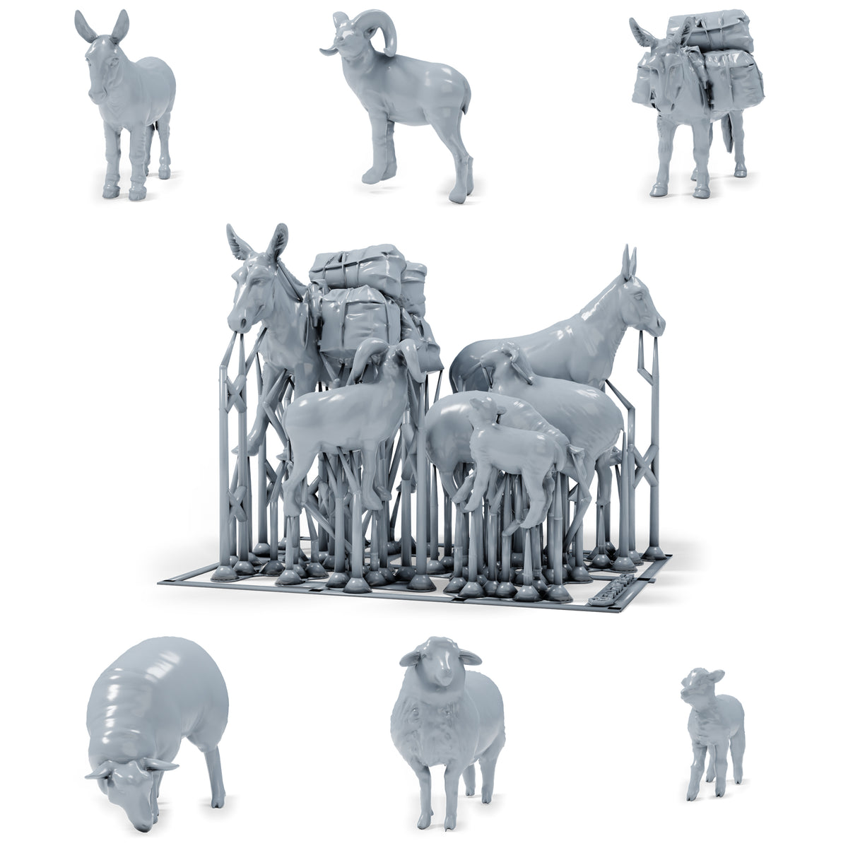 Diorama modelbouw productfoto 0: dioramaminiaturen boerderijdieren: ezel, schapen, ram en lam (h0_55)