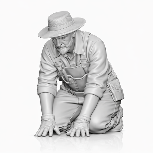 Diorama Modellbau Produktfoto 0: Kniende Figur: Gärtner mit breitkrempigem Hut, Schürze, Handschuhen & Hüfttasche (B013)