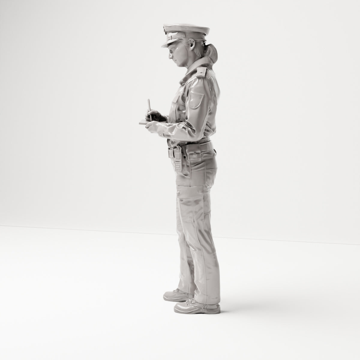 Stehende Figur: Deutscher Polizist mit Dienstmütze und Handgerät (B017) - linke Seitenansicht