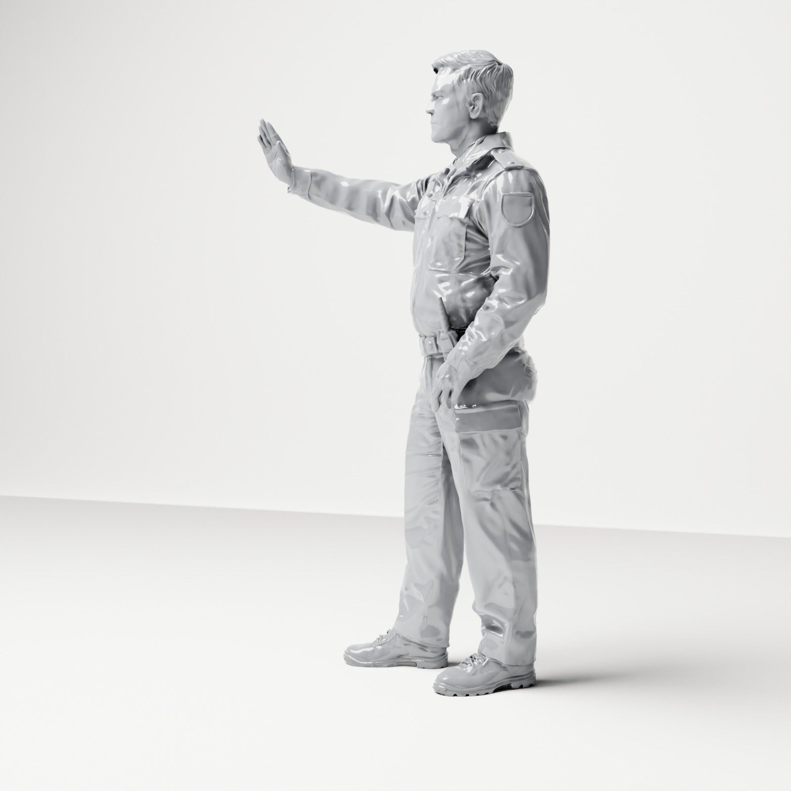 Diorama modelbouw productfoto 1: Staande figuur: Duitse politieagent in uniform met stopgebaar & uitrustingsriem (B018)