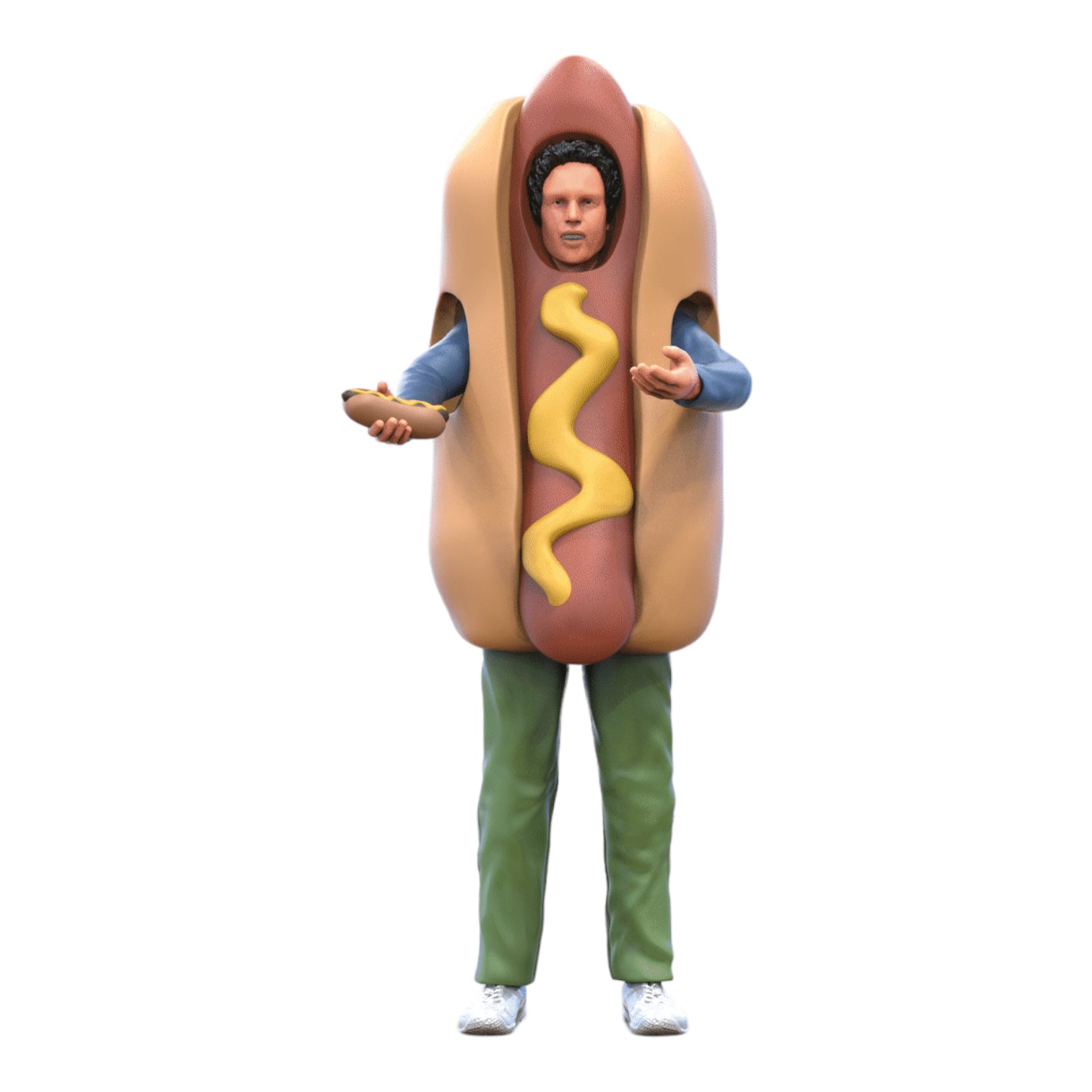 Productfoto diorama en modelbouw miniatuurfiguur: Hotdogverkoper in hotdogkostuum