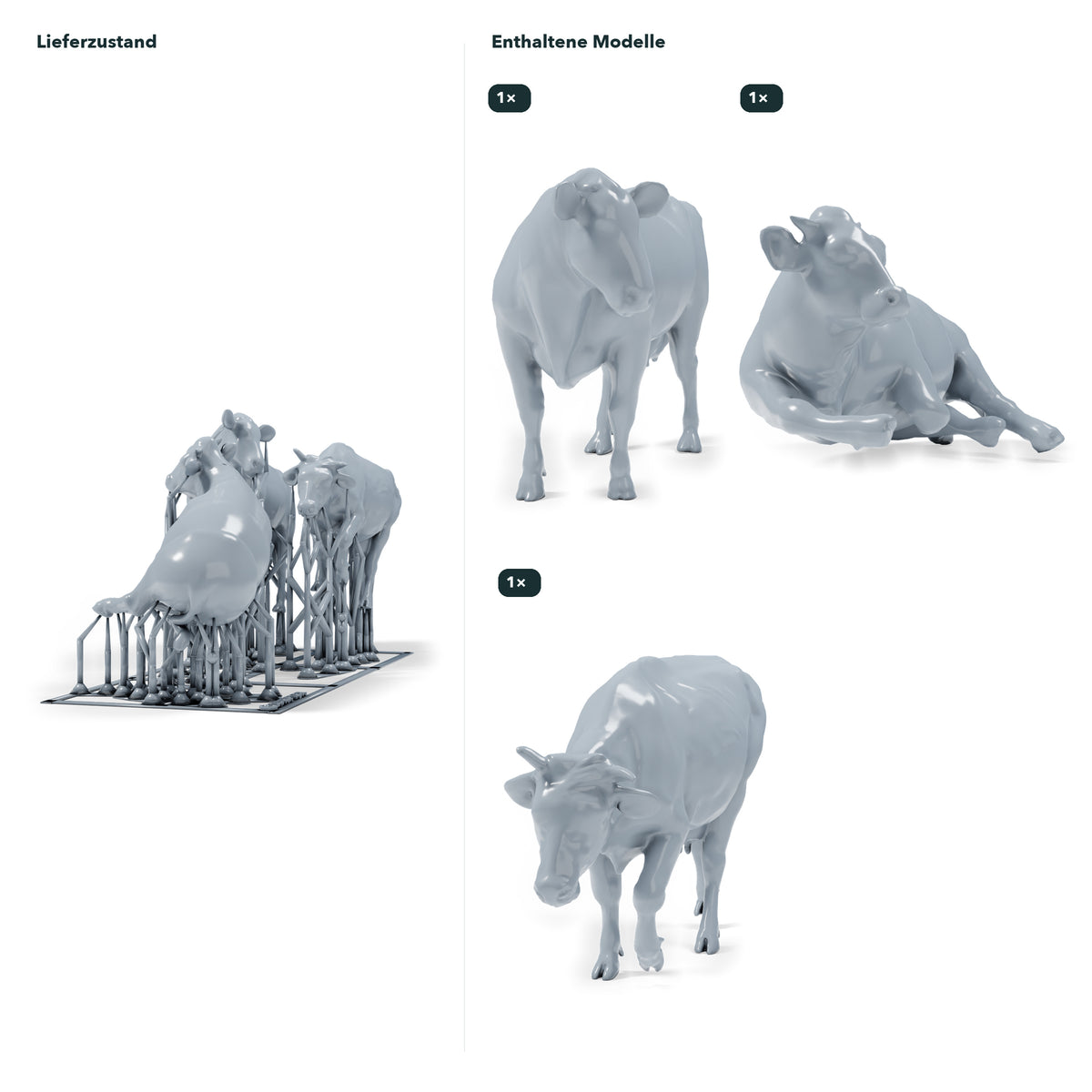 Diorama modelbouw productfoto 1: dioramaminiatuur runderen: drie koeien in staande, lopende en liggende pose (h0_53)