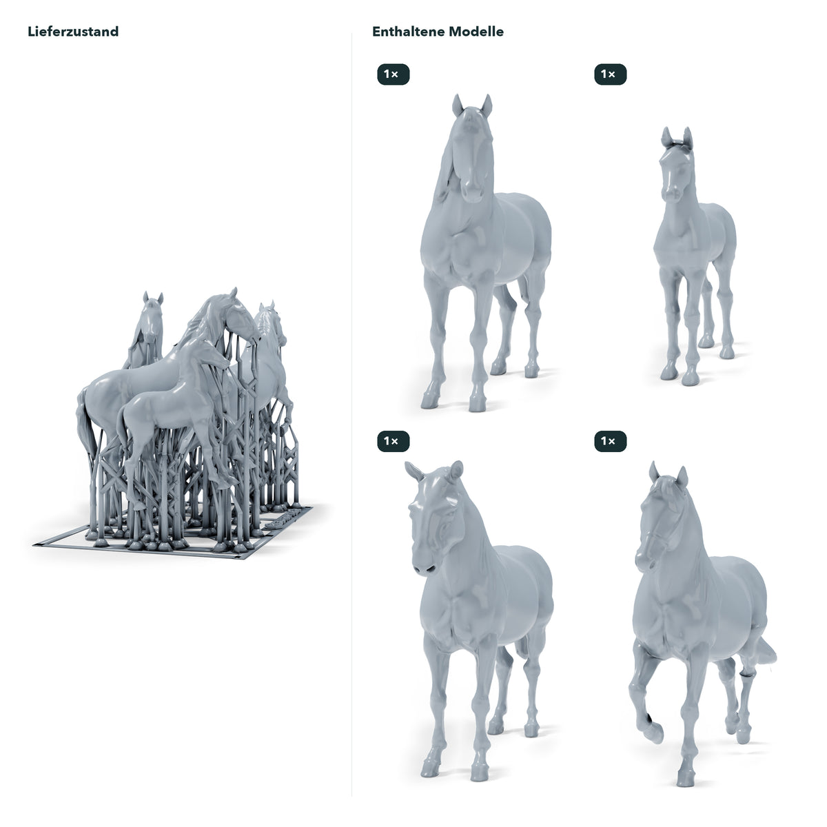 Dioramamodellen productfoto 1: dioramaminiaturen paarden: drie paarden en een veulen (h0_54)