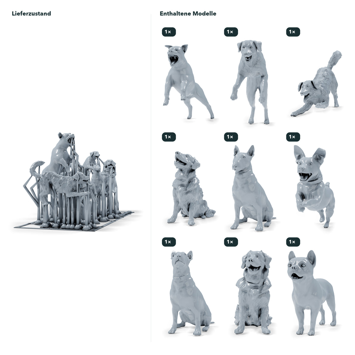 Dioramabouw productfoto 1: dioramaminiaturen honden: negen honden van verschillende rassen en in verschillende poses (h0_52)