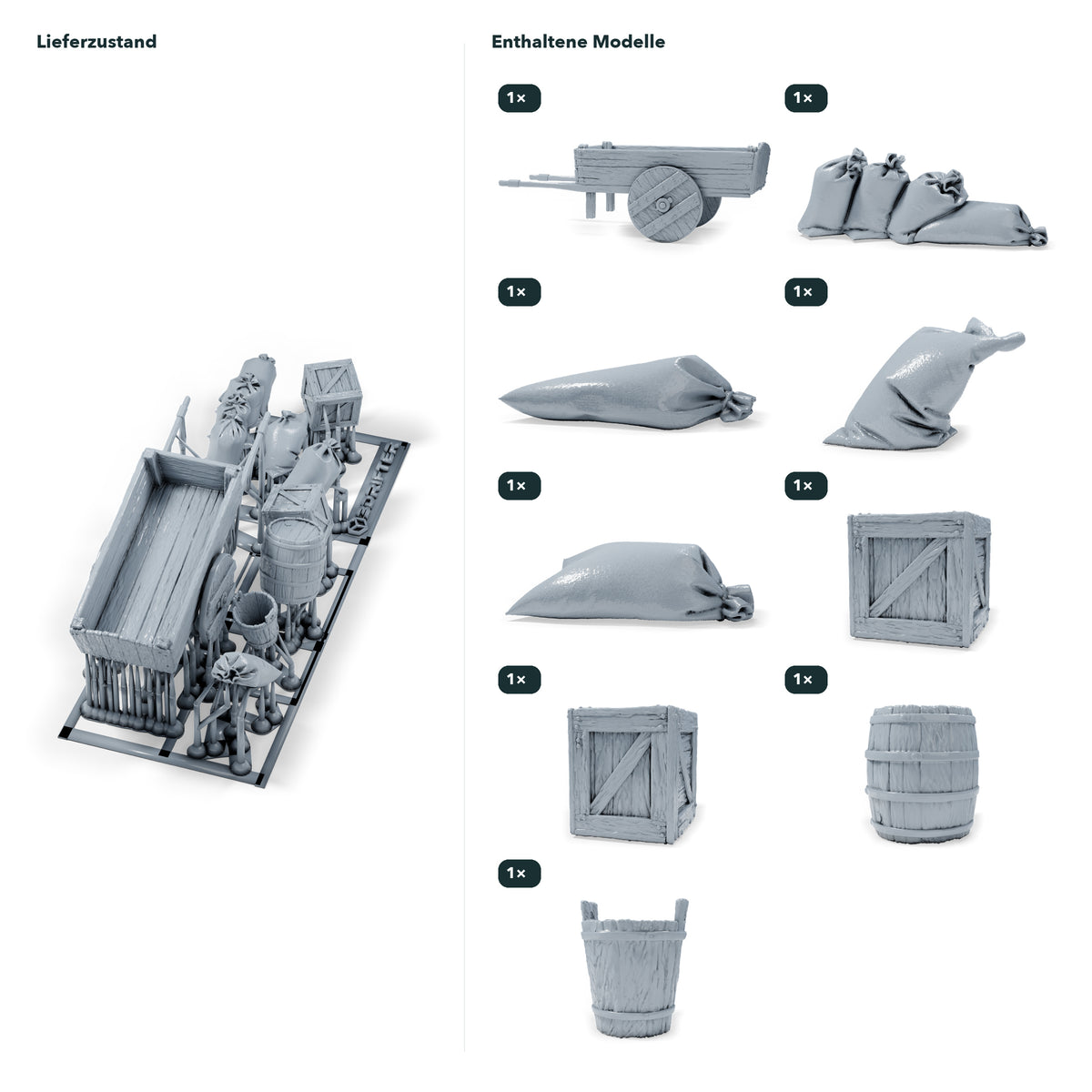 Diorama Modellbau Produktfoto 1: Diorama Miniatur Hofzubehör: Handkarren mit Getreidesäcken, Kisten und Fass (h0_32)
