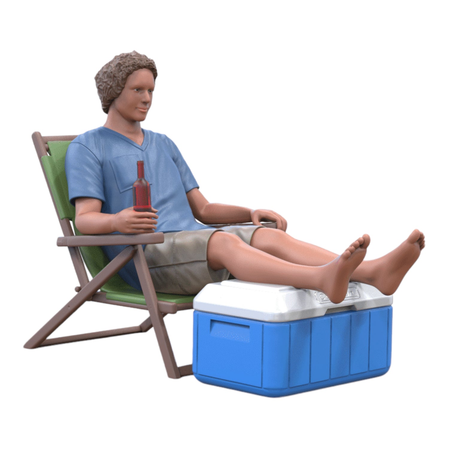 Productfoto diorama en modelbouw miniatuurfiguur: man met bier en koelbox in ligstoel