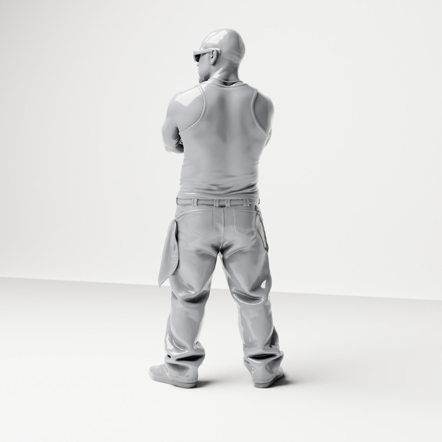 Diorama modelbouw productfoto 2: Staande figuur: Persoon met gekruiste armen, zonnebril & mouwloos bovenstuk, wijde broek (B029)