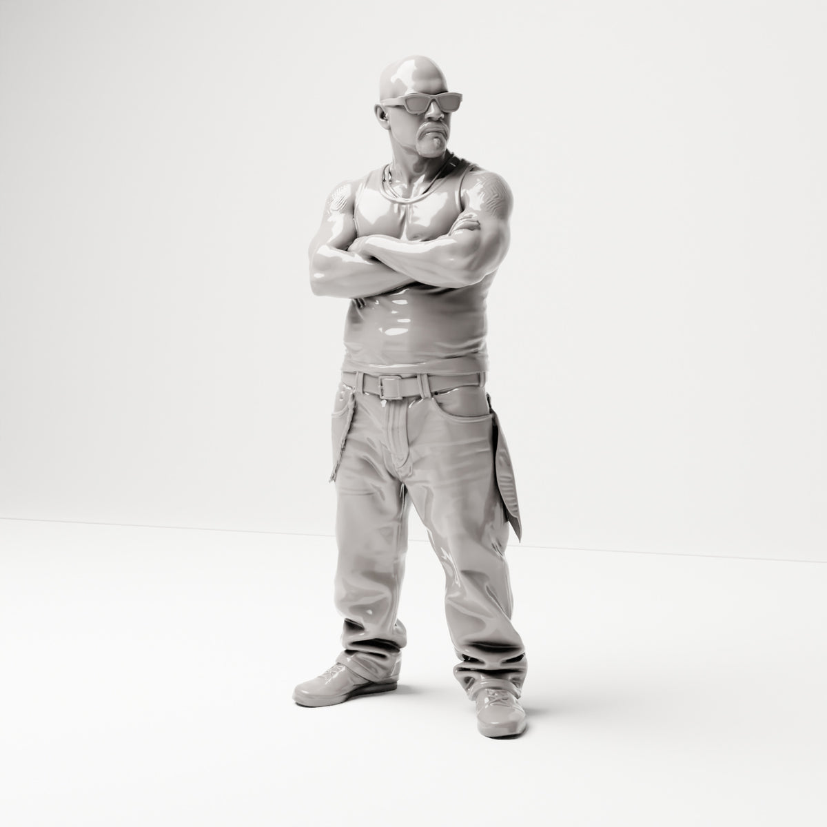 Stehende Figur: Person im Hip-Hop-Style mit gekreuzten Armen, Sonnenbrille & ärmellosem Oberteil (B029) - Vorderansicht