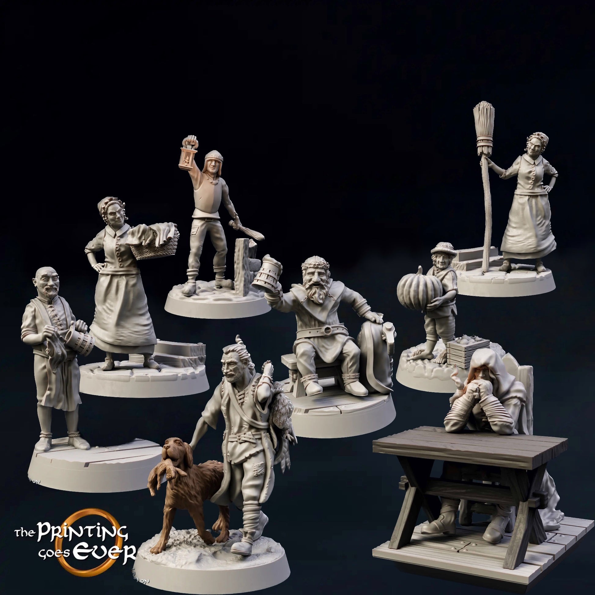 Productfoto Tabletop 28mm The Printing Goes Ever On (TPGEO) 0: Middeleeuwse stadsbewoners en tavernengasten: herbergier, bewaker, jager, boer, dienstmeisje, gast, reiziger