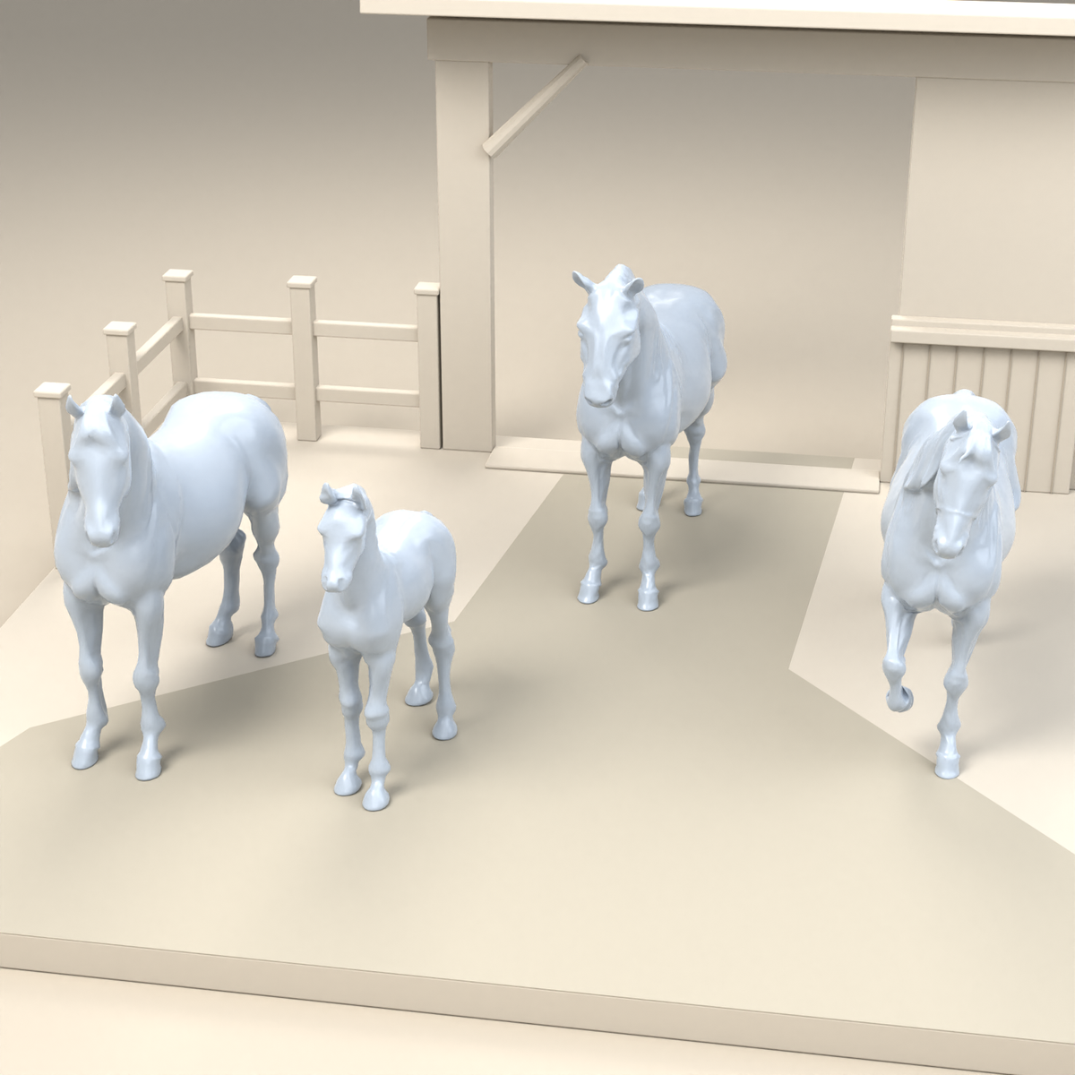 Diorama modelbouw productfoto 2: dioramaminiatuur paarden: drie paarden en een veulen (h0_54)