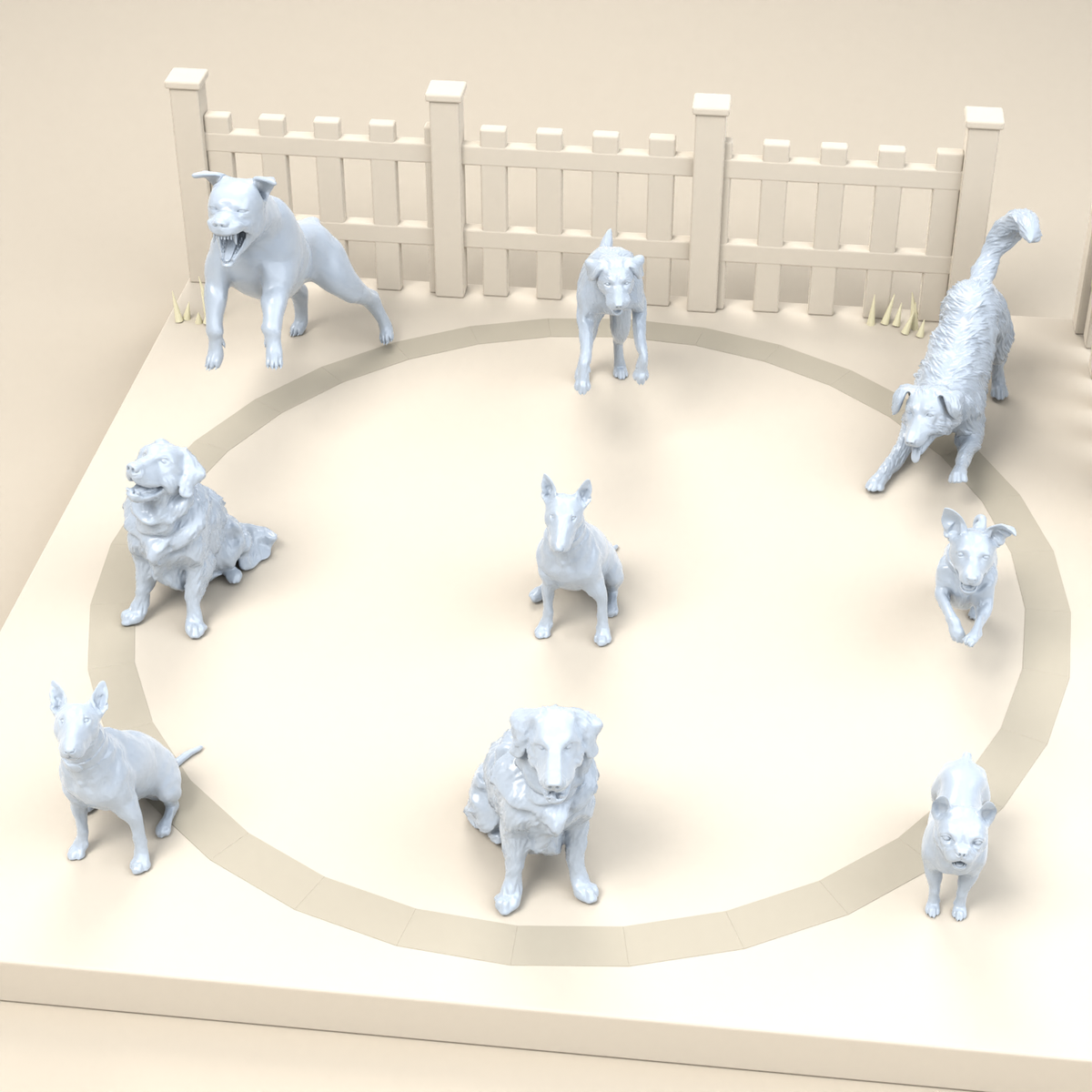 Diorama modelbouw productfoto 2: dioramaminiatuur honden: negen honden van verschillende rassen en in verschillende poses (h0_52)