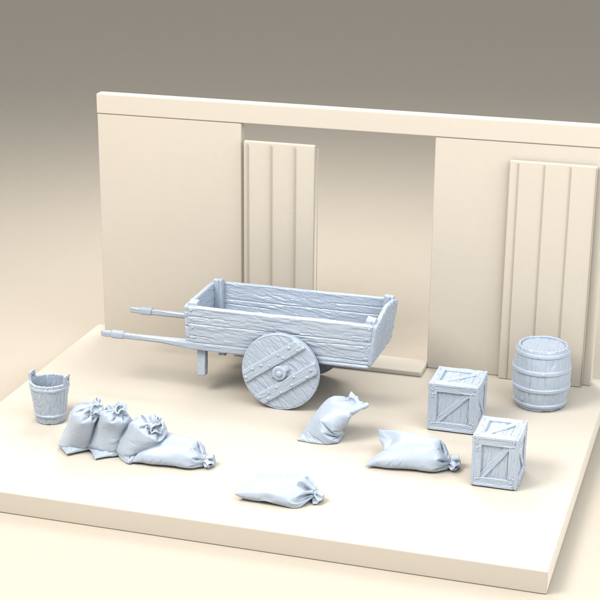Diorama Modellbau Produktfoto 2: Diorama Miniatur Hofzubehör: Handkarren mit Getreidesäcken, Kisten und Fass (h0_32)