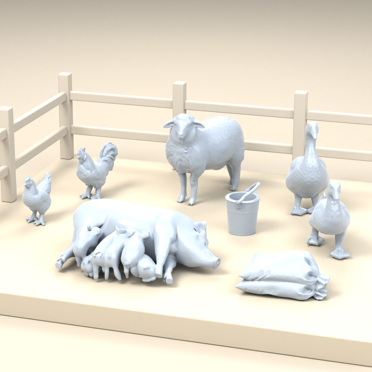 Diorama Modellbau Produktfoto 2: Diorama Bauernhoftiere: Geflügel, Schaf und Schwein mit Ferkeln (h0_34)