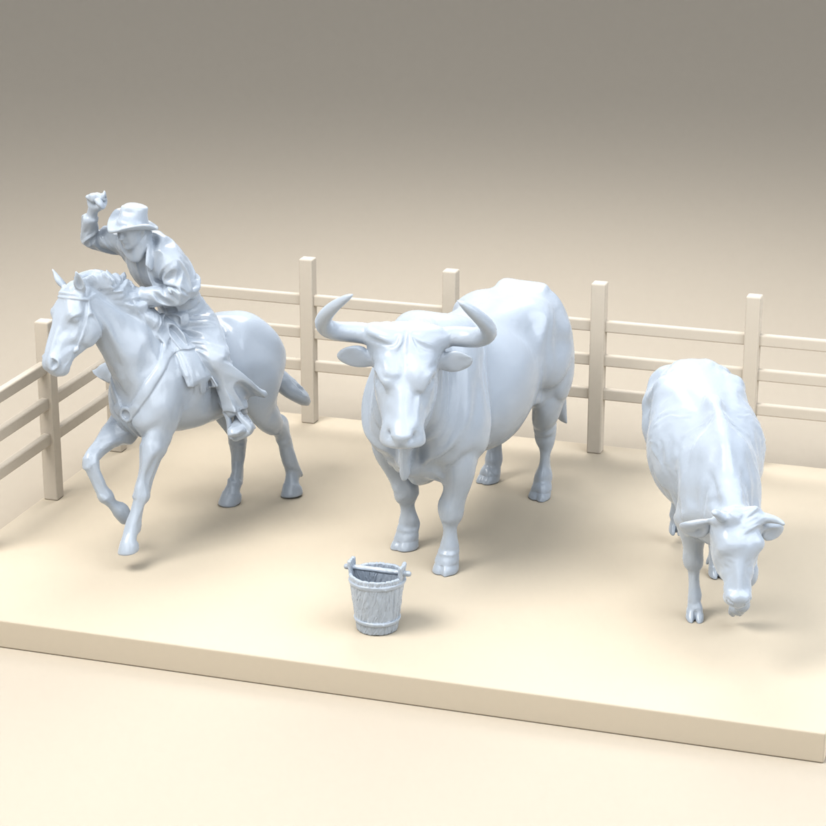 Diorama Modellbau Produktfoto 2: Diorama Western Figuren: Cowboy zu Pferd mit Bulle und Kuh (h0_36)