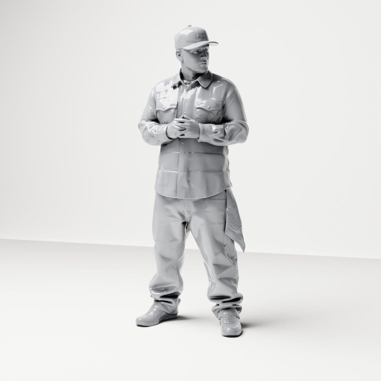 Diorama modelbouw productfoto 0: Staande figuur: Man met pet & gevouwen handen, shirt met borstzakken, doek in zak (B030)