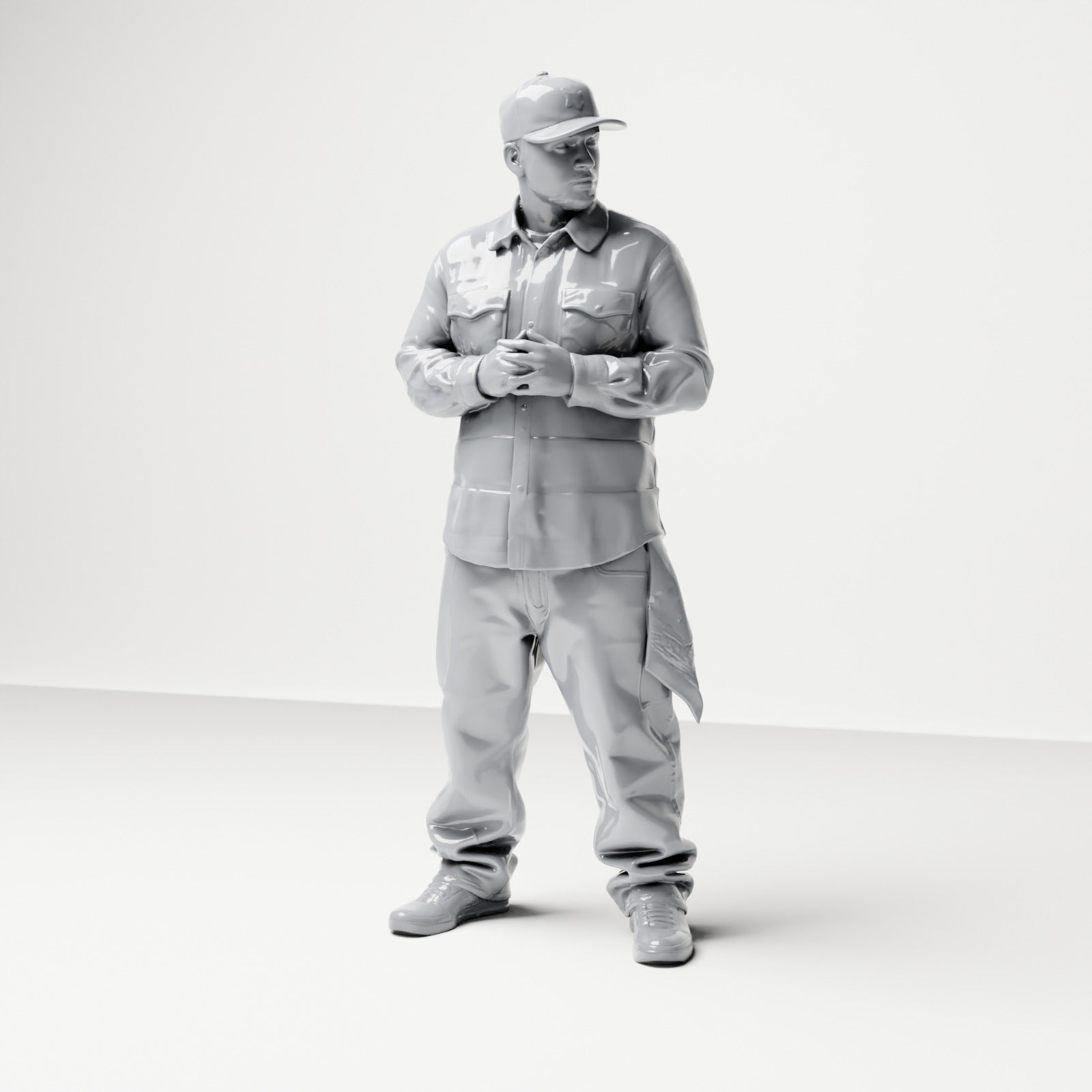 Diorama modelbouw productfoto 0: Staande figuur: Man met pet & gevouwen handen, shirt met borstzakken, doek in zak (B030)