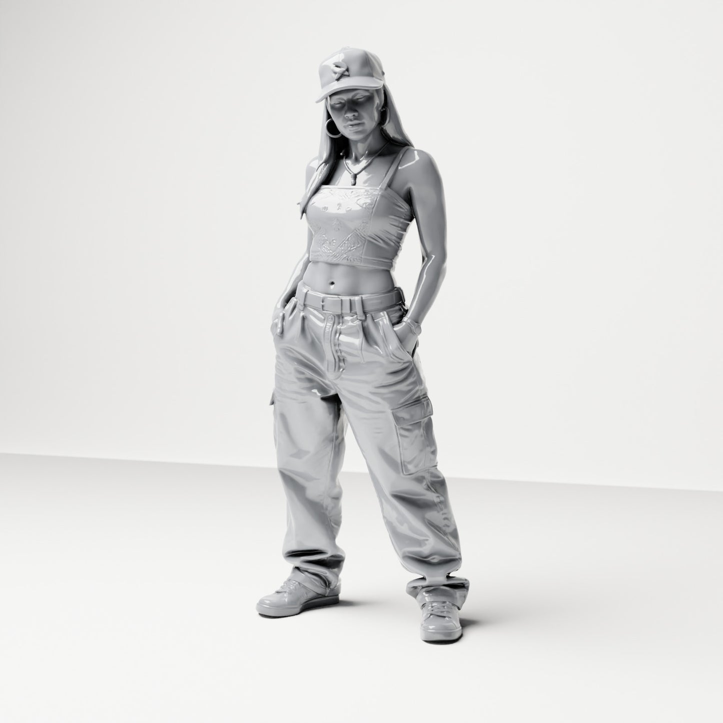 Diorama modelbouw productfoto 0: Staande figuur: Vrouw met pet, crop top & cargo broek, handen in de zakken (B031)