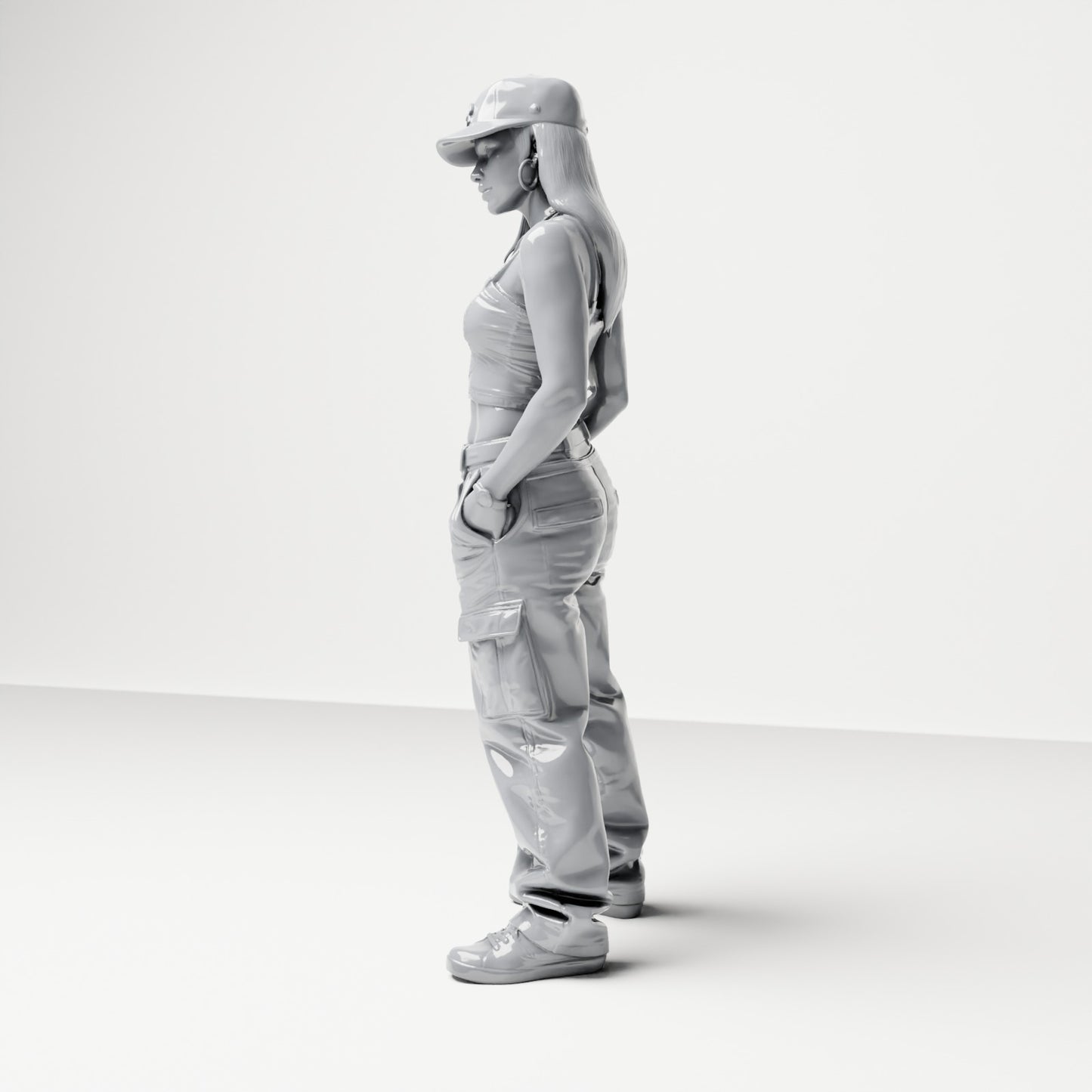 Diorama modelbouw productfoto 1: Staande figuur: Vrouw met pet, crop top & cargo broek, handen in zakken (B031)