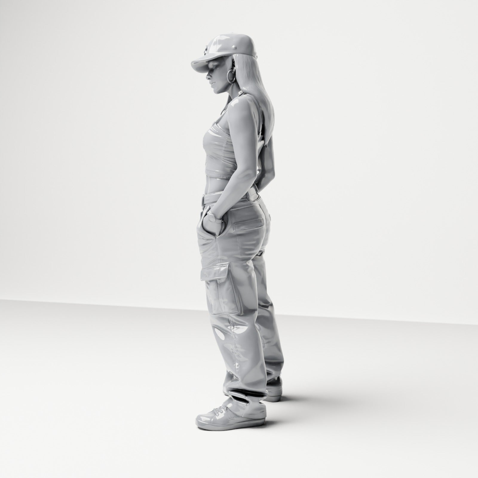 Diorama modelbouw productfoto 1: Staande figuur: Vrouw met pet, crop top & cargo broek, handen in zakken (B031)