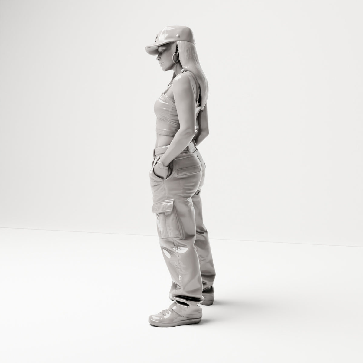 Stehende Figur: Frau im Hip-Hop-Style mit Basecap, bauchfreiem Top & Cargo-Hose (B031) - linke Seitenansicht