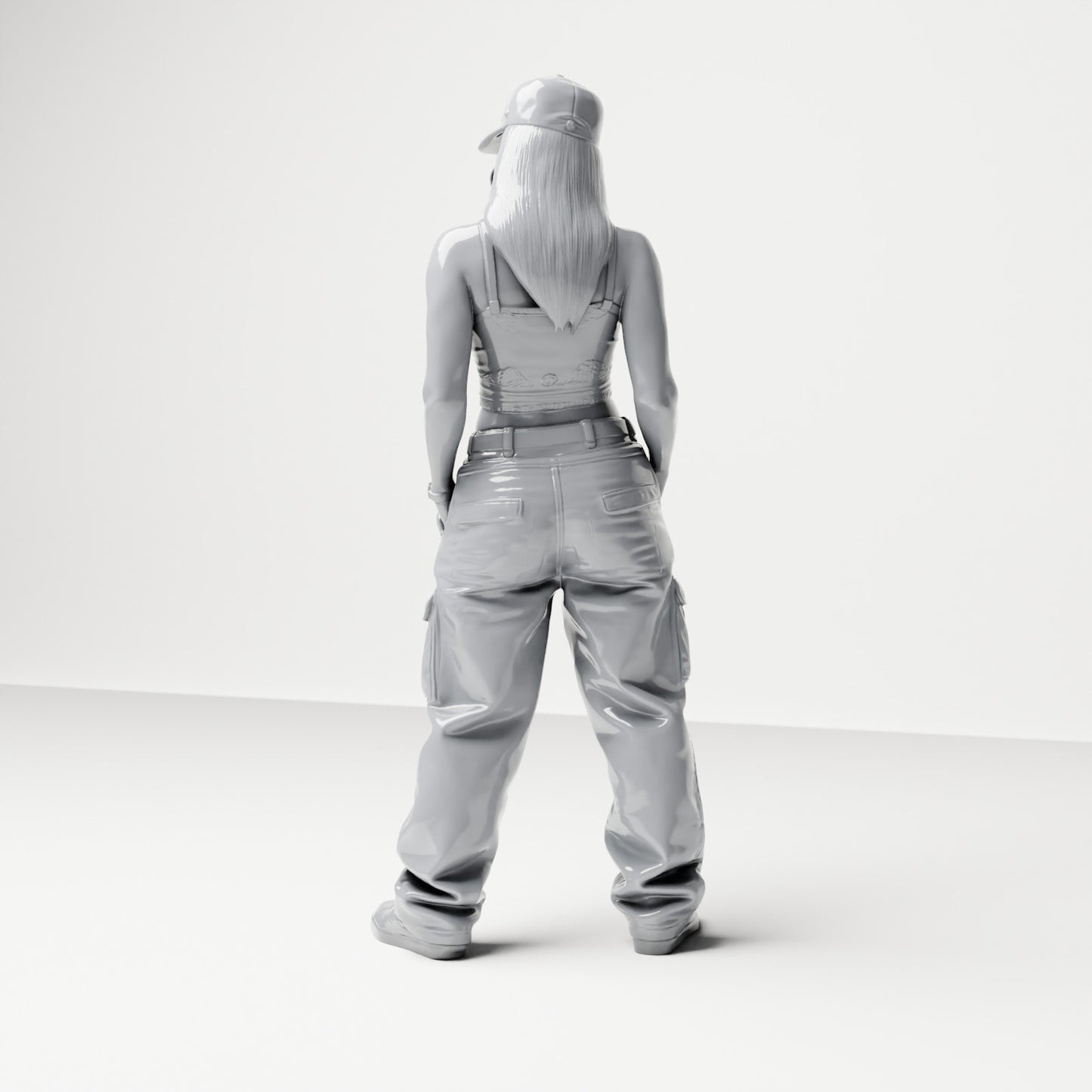 Diorama modelbouw productfoto 2: Staande figuur: Vrouw met pet, crop top & cargo broek, handen in de zakken (B031)
