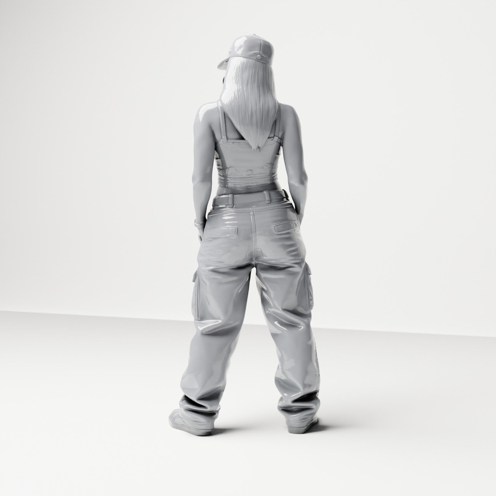 Diorama modelbouw productfoto 2: Staande figuur: Vrouw met pet, crop top & cargo broek, handen in de zakken (B031)