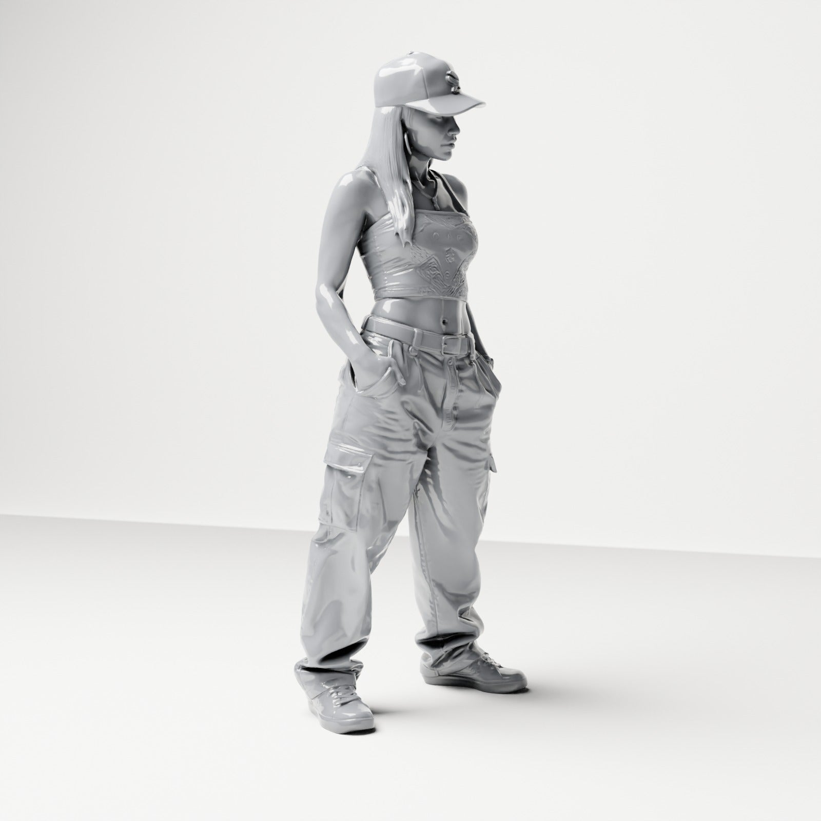 Diorama modelbouw productfoto 3: Staande figuur: Vrouw met pet, crop top & cargo broek, handen in de zakken (B031)