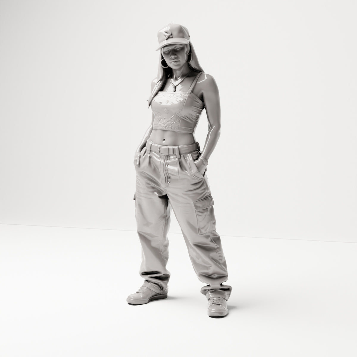 Stehende Figur: Frau im Hip-Hop-Style mit Basecap, bauchfreiem Top & Cargo-Hose (B031) - Vorderansicht
