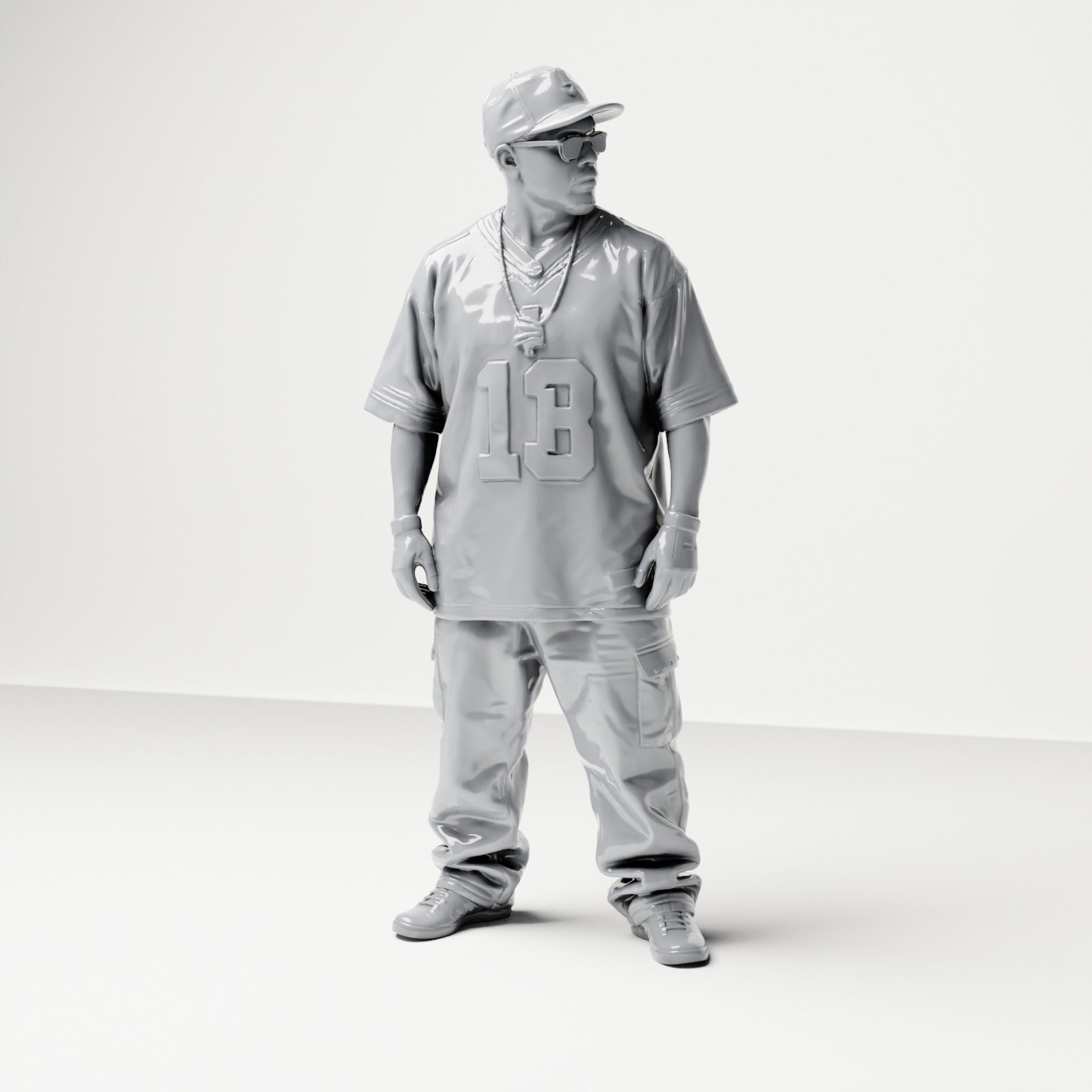 Diorama modelbouw productfoto 0: Staande figuur: Streetwear-man met pet, zonnebril & sportshirt 13 (B032)