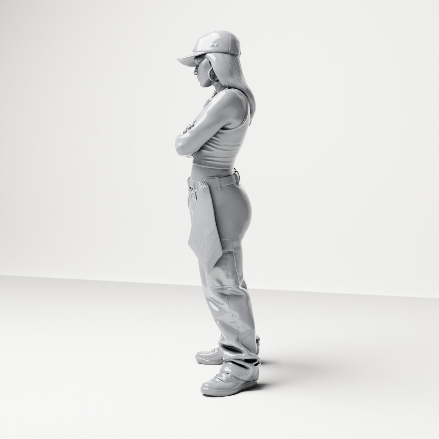 Diorama modelbouw productfoto 1: Staande figuur: Persoon met pet, korte top, wijde broek & sneakers, armen gekruist (B033)
