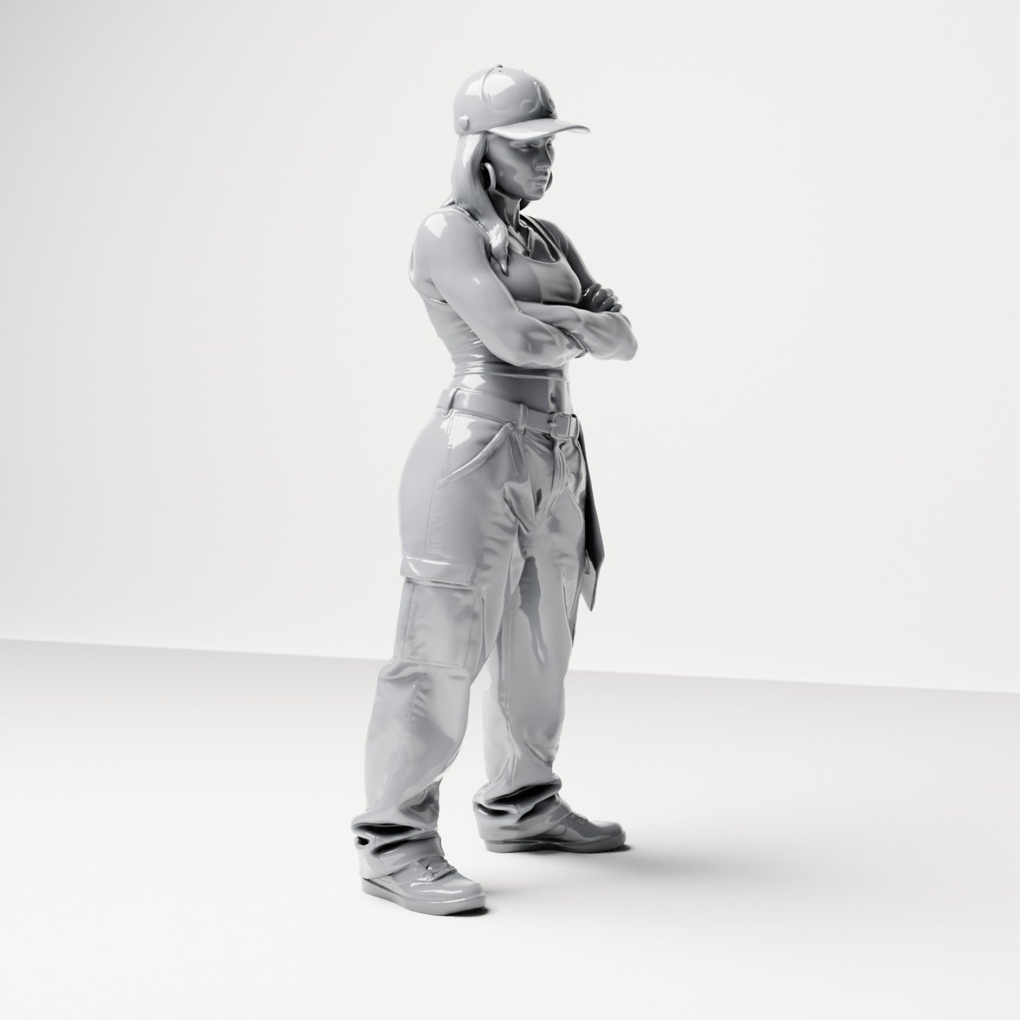 Diorama modelbouw productfoto 3: Staande figuur: Persoon met pet, korte top, wijde broek & sneakers, armen gekruist (B033)