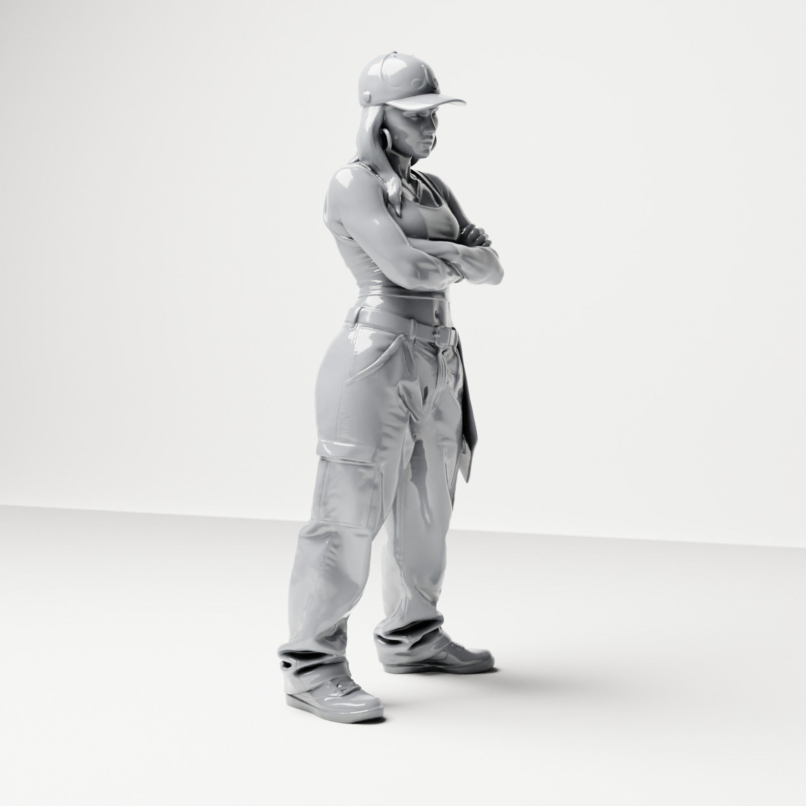 Diorama modelbouw productfoto 3: Staande figuur: Persoon met pet, korte top, wijde broek & sneakers, armen gekruist (B033)