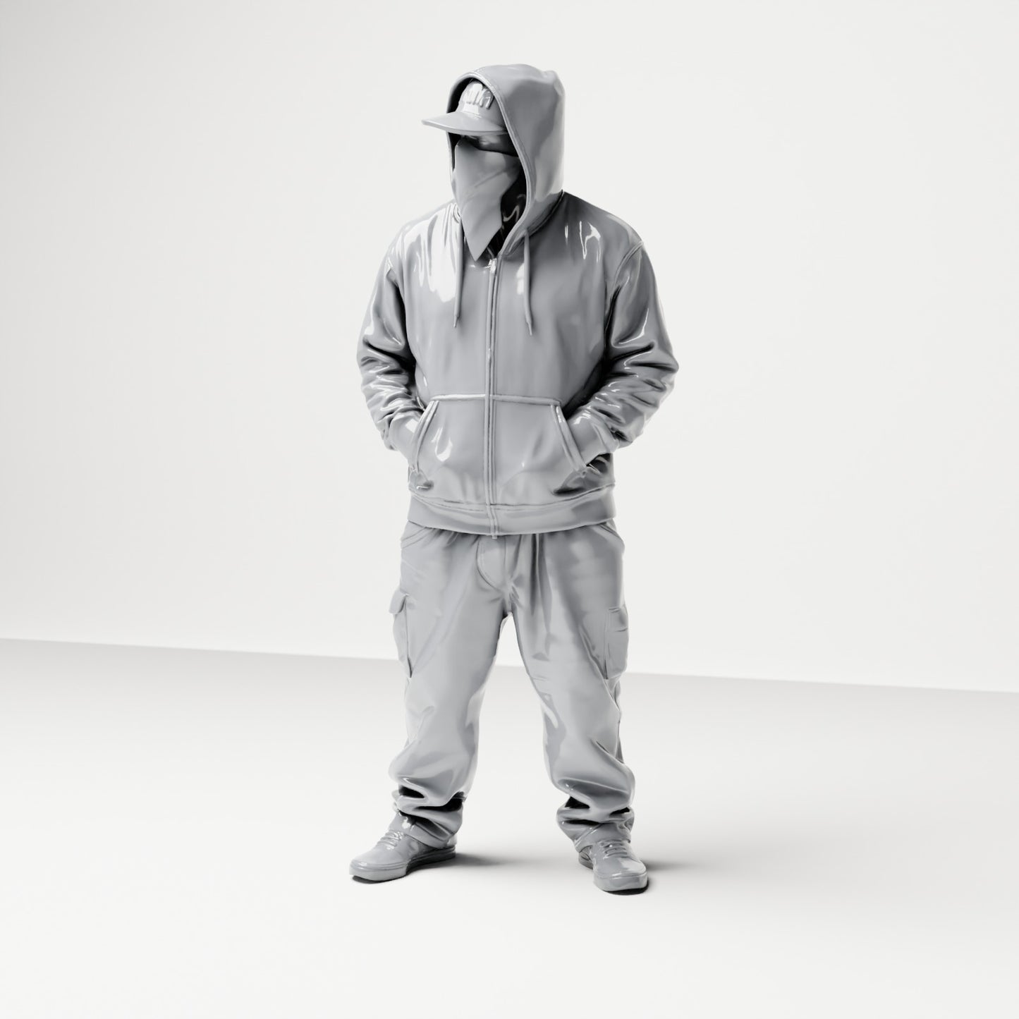 Diorama modelbouw productfoto 0: Staande figuur: Persoon met hoodie, pet & gezichtdoek, handen in de zakken (B034)