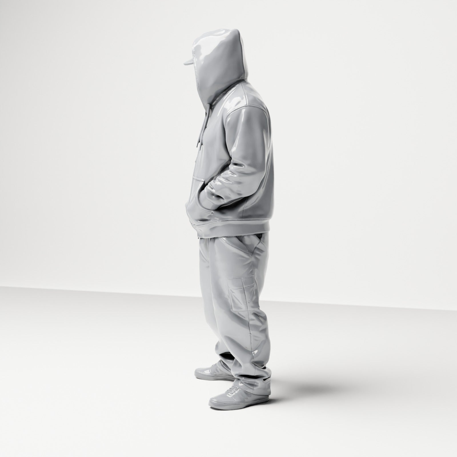 Diorama modelbouw productfoto 1: Staande figuur: Persoon met hoodie, pet & gezichtdoek, handen in de zakken (B034)