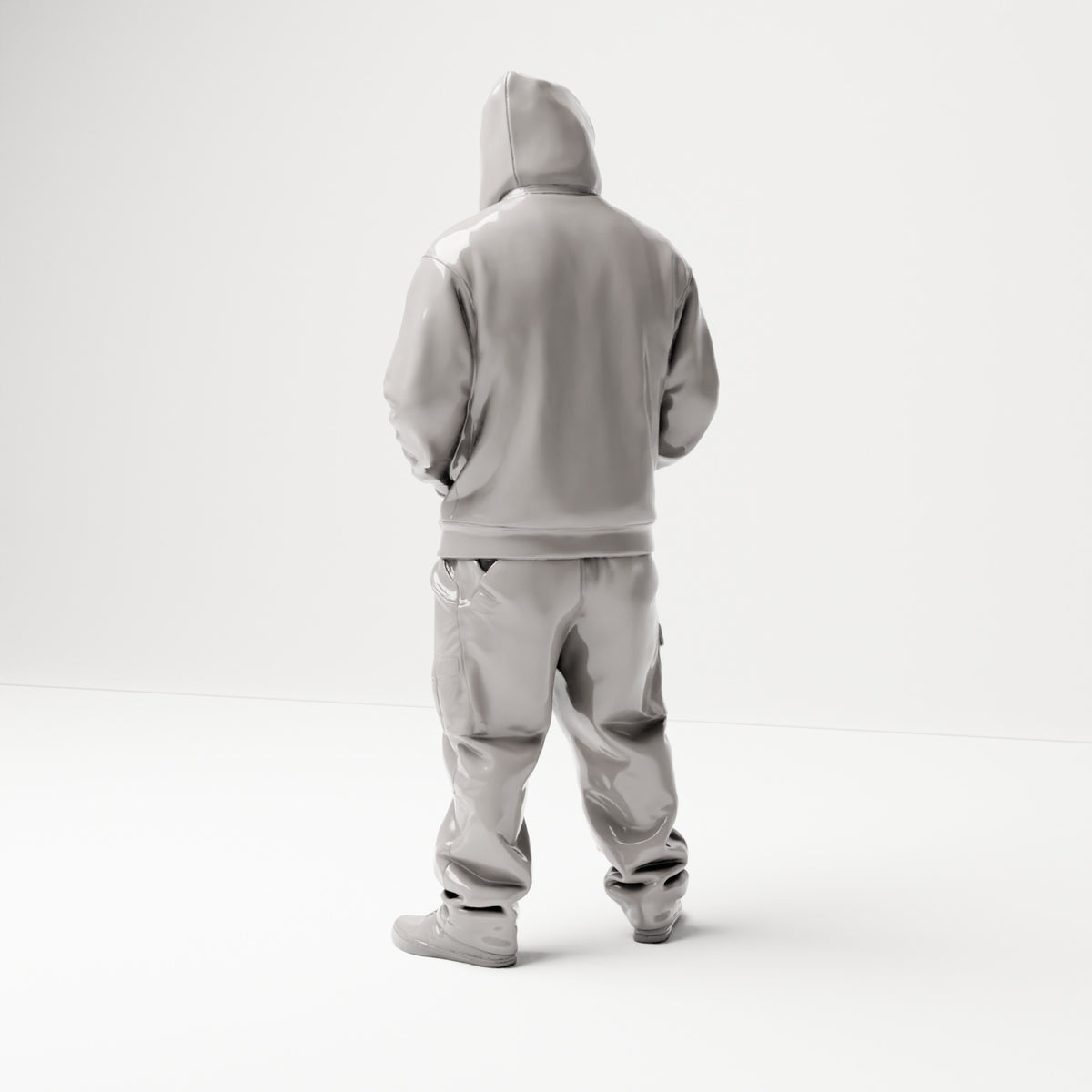 Stehende Figur: Person im Hip-Hop-Style mit Kapuzenjacke, Basecap & Gesichtstuch, Hände in den Taschen (B034) - Rueckansicht