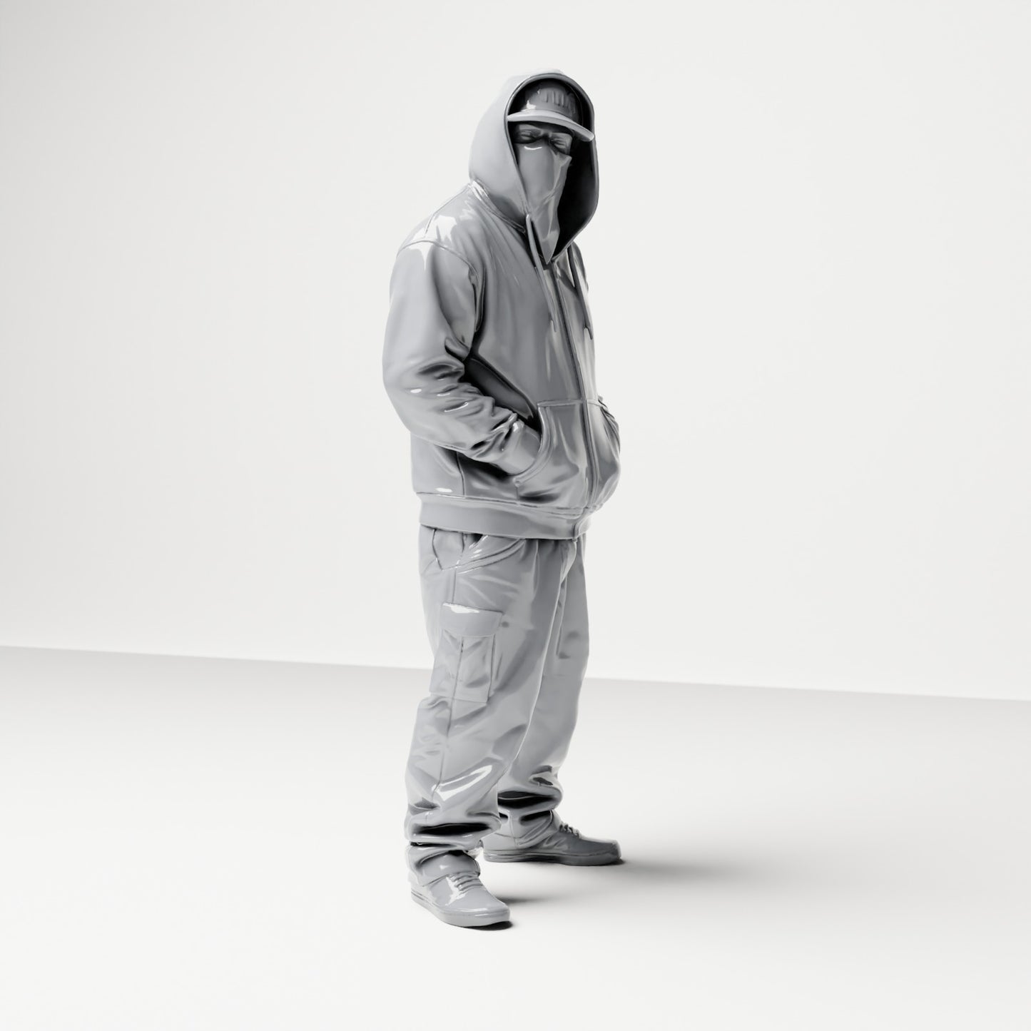 Diorama modelbouw productfoto 3: Staande figuur: Persoon met hoodie, pet & gezichtdoek, handen in de zakken (B034)