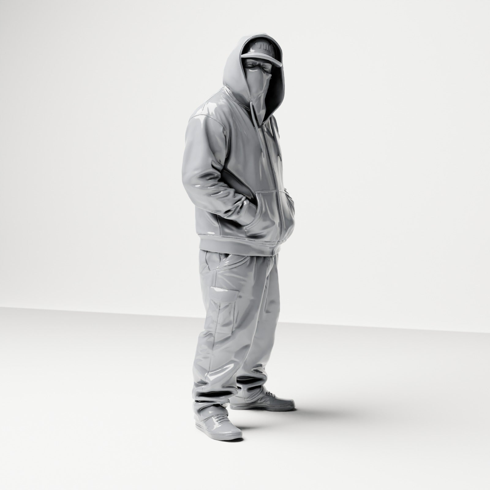 Diorama modelbouw productfoto 3: Staande figuur: Persoon met hoodie, pet & gezichtdoek, handen in de zakken (B034)