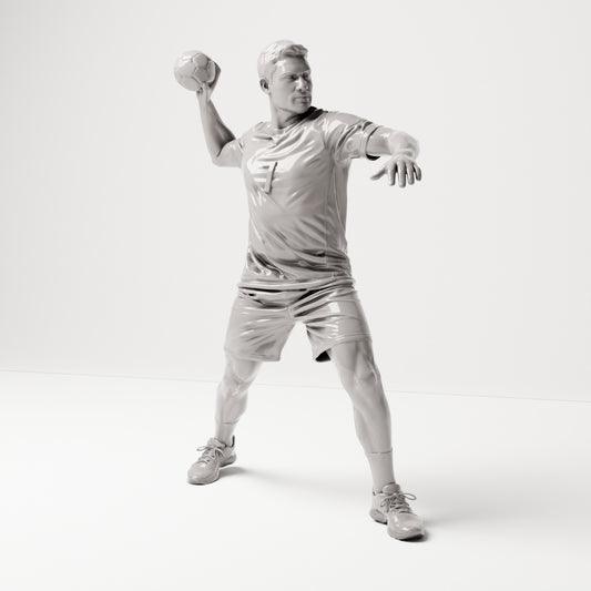 Stehende Figur: Handballer in Wurfpose mit Ball in der rechten Hand (B041) - Vorderansicht
