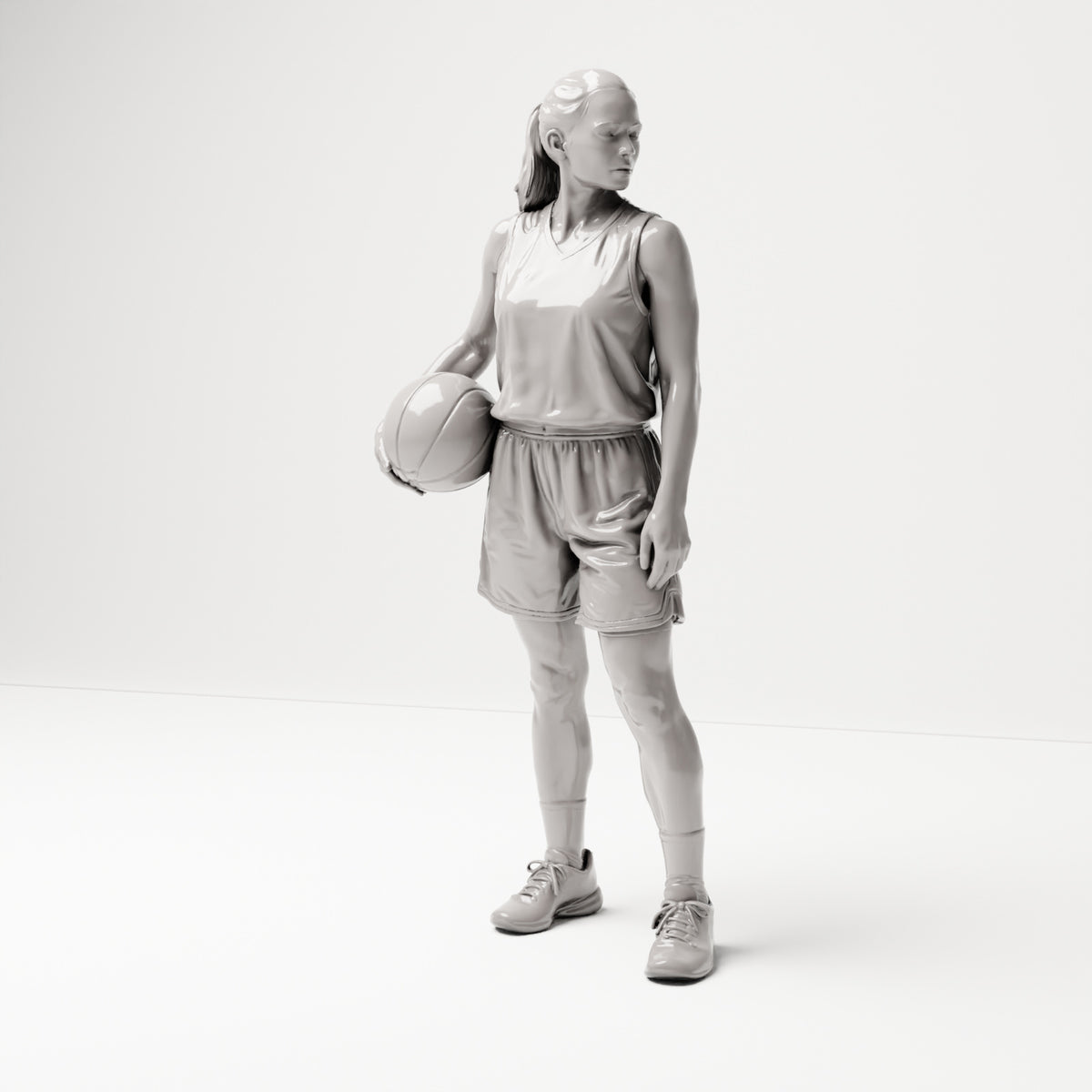 Stehende Figur: Basketballspielerin mit Ball an der Hüfte (B042) - Vorderansicht