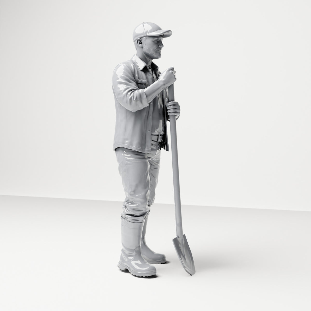 Diorama modelbouw productfoto 3: Staande figuur: bouwvakker met langgesteelde schop (B045)