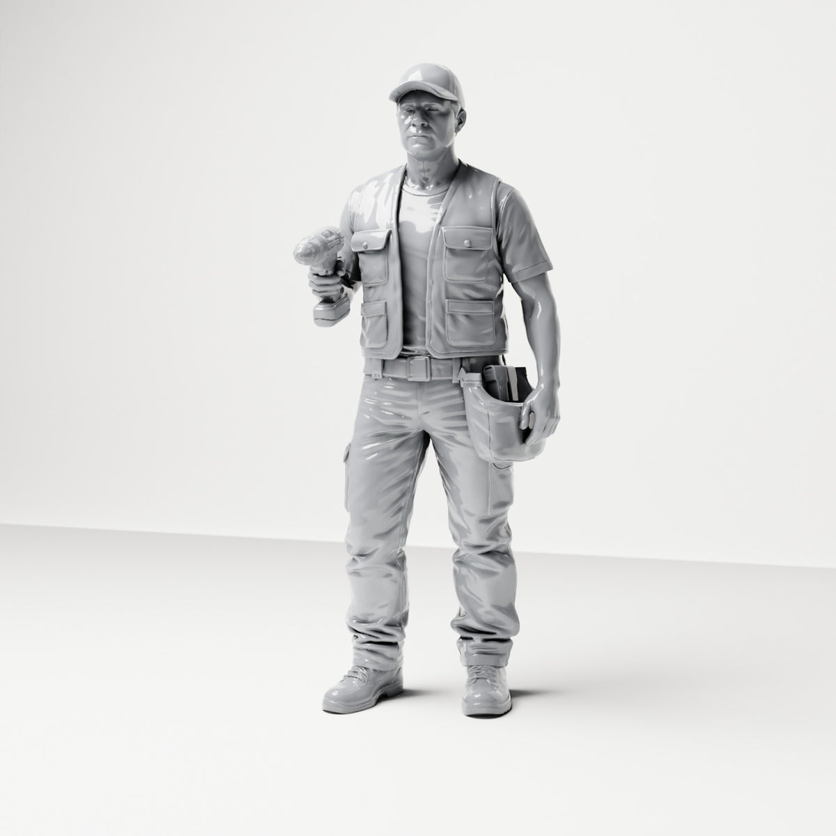 Diorama modelbouw productfoto 0: Staande figuur: ambachtsman met gereedschapstas & accuschroevendraaier (B046)