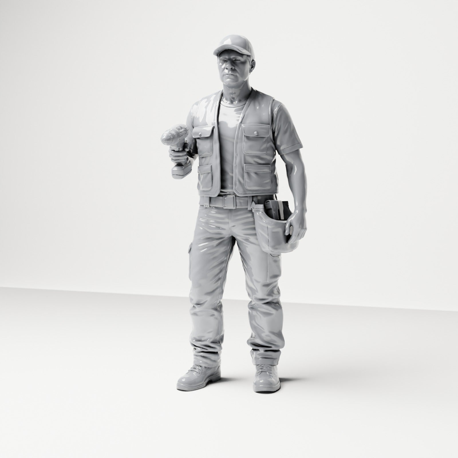 Diorama modelbouw productfoto 0: Staande figuur: ambachtsman met gereedschapstas & accuschroevendraaier (B046)