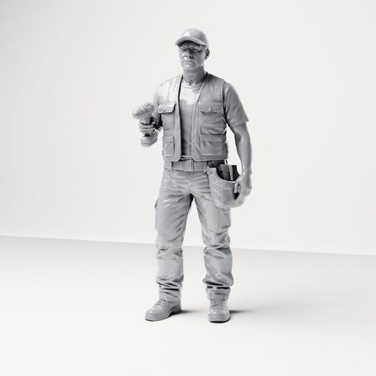 Diorama modelbouw productfoto 0: Staande figuur: ambachtsman met gereedschapstas & accuschroevendraaier (B046)
