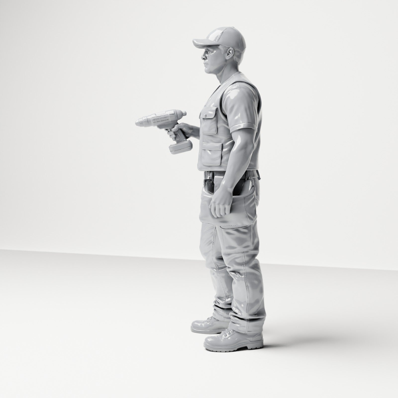 Diorama modelbouw productfoto 1: Staande figuur: ambachtsman met gereedschapstas & accuschroevendraaier (B046)