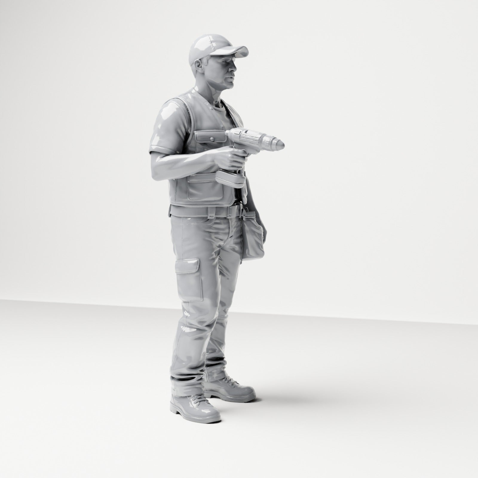 Diorama modelbouw productfoto 3: Staande figuur: ambachtsman met gereedschapstas & accuschroevendraaier (B046)