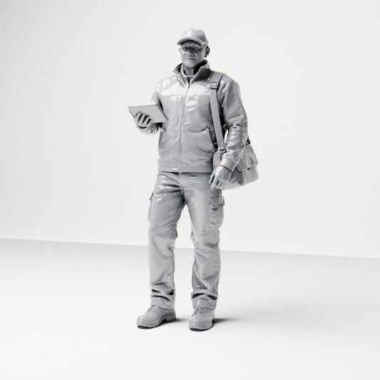 Diorama modelbouw productfoto 0: Staande figuur: pakketbezorger met pet, schoudertas & handscanner (B048)
