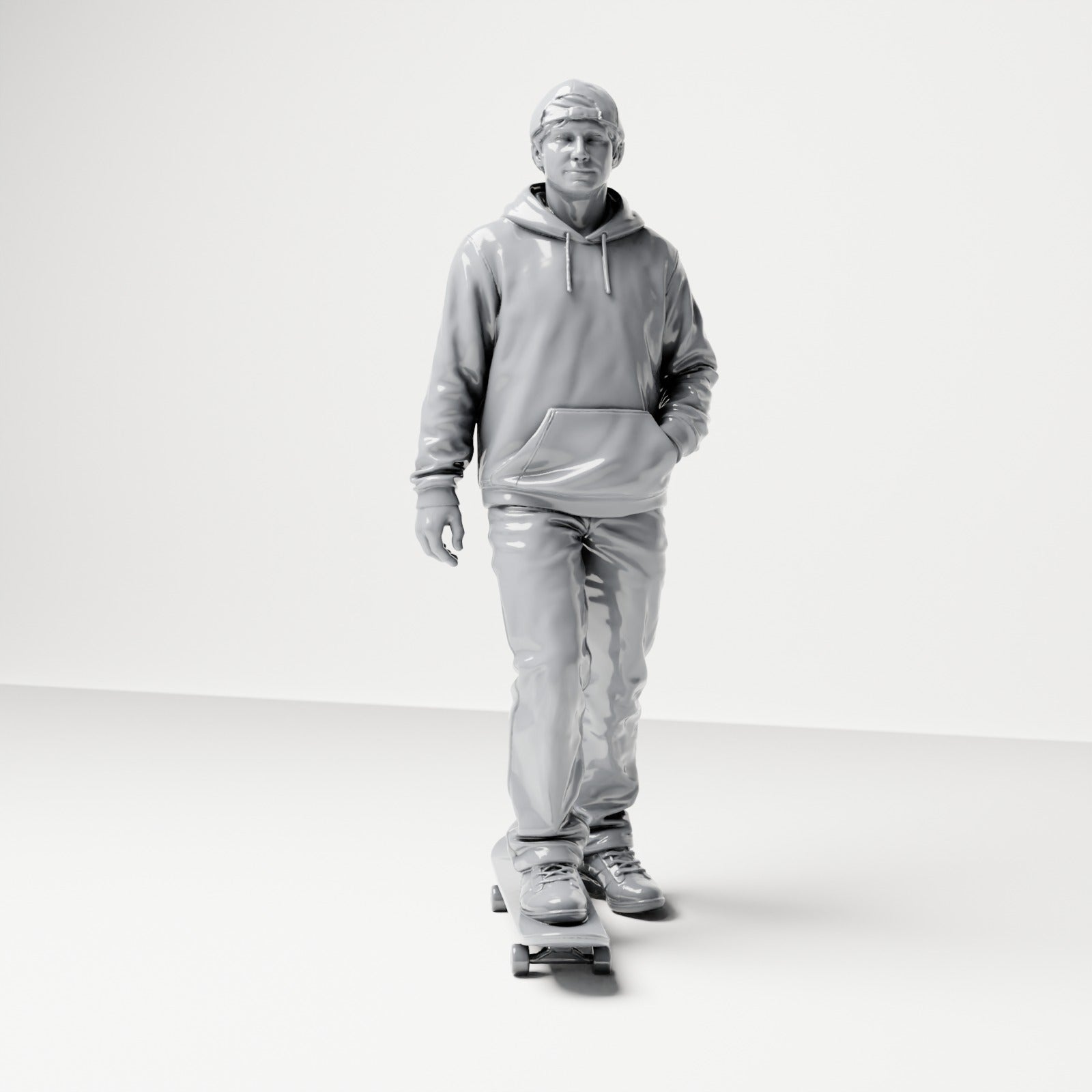 Diorama modelbouw productfoto 0: Staande figuur: skater met pet, hoodie & skateboard (B054)