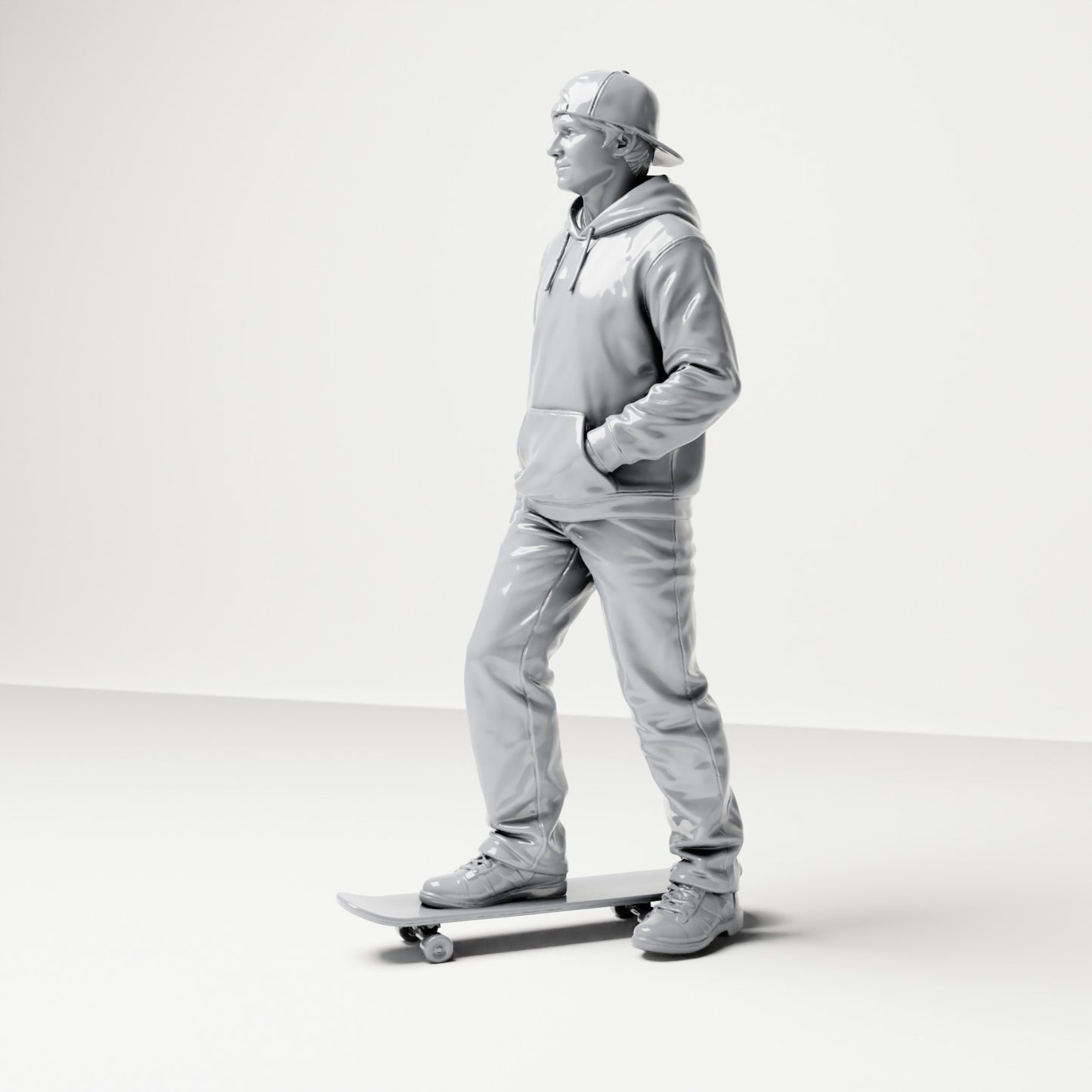 Diorama modelbouw productfoto 1: Staande figuur: skater met pet, hoodie & skateboard (B054)